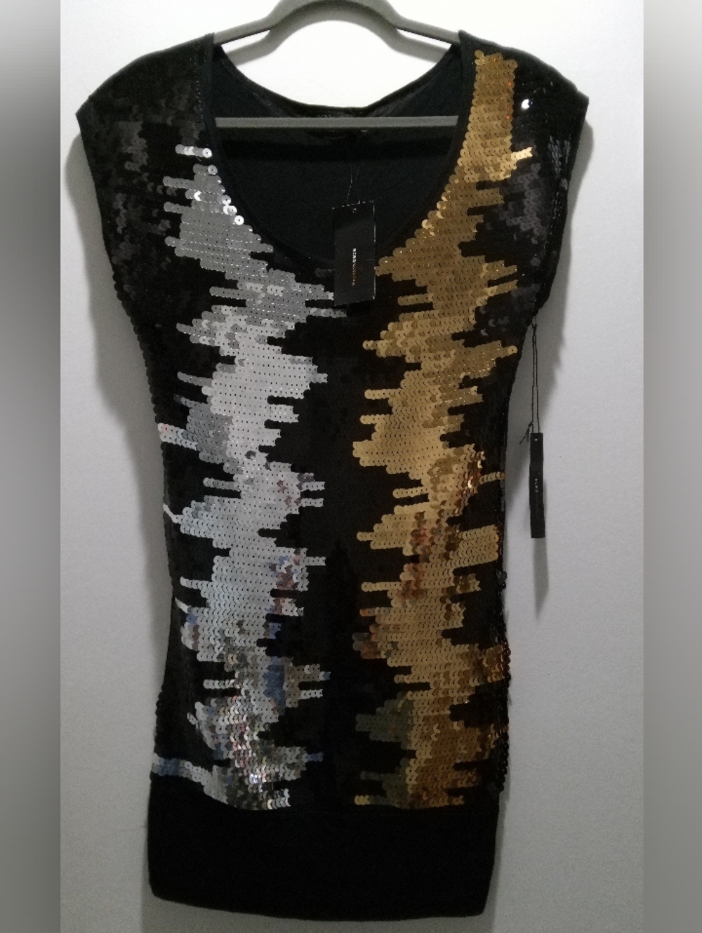 NEW BCBG SEXY Black Sequin Tank Dress - Mini Bodycon with Silver & Gold Accent
